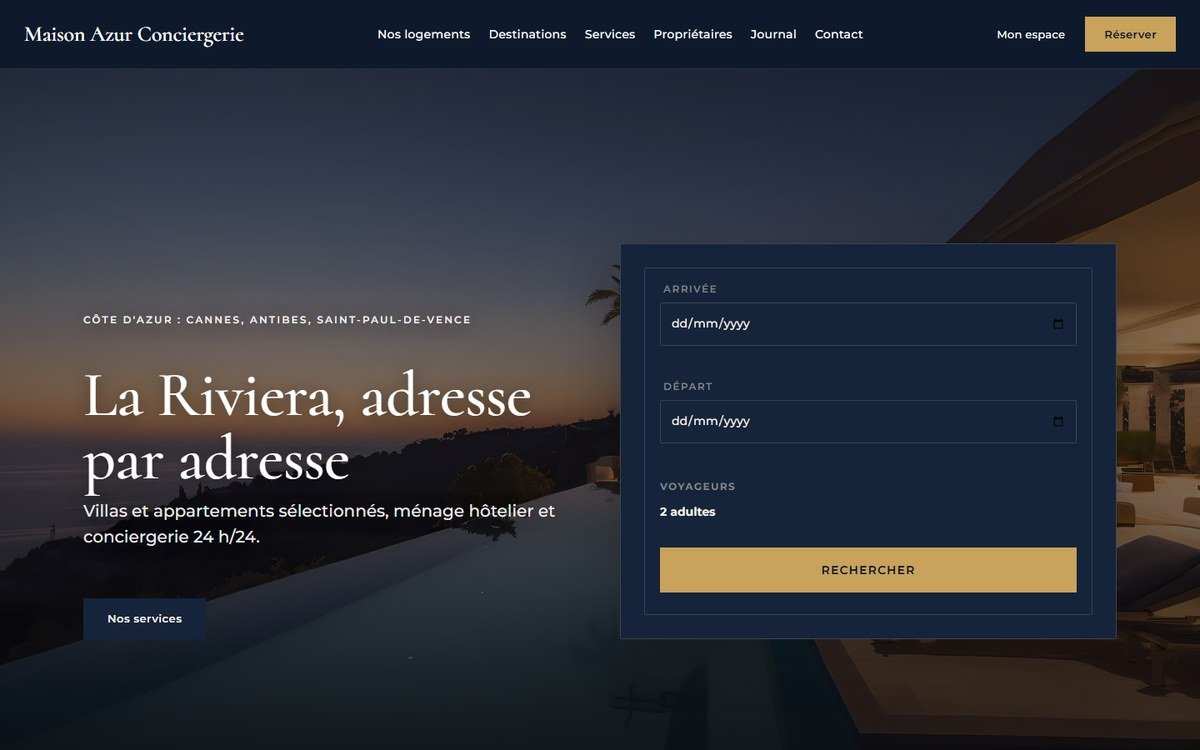 Modèle de site Riviera Signature, agence de villas, réalisé avec GDA Kraft Booking