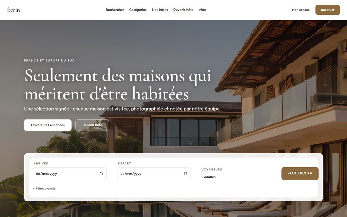 Modèle de site Écrin, place de marché de maisons d’exception, réalisé avec GDA Kraft Booking